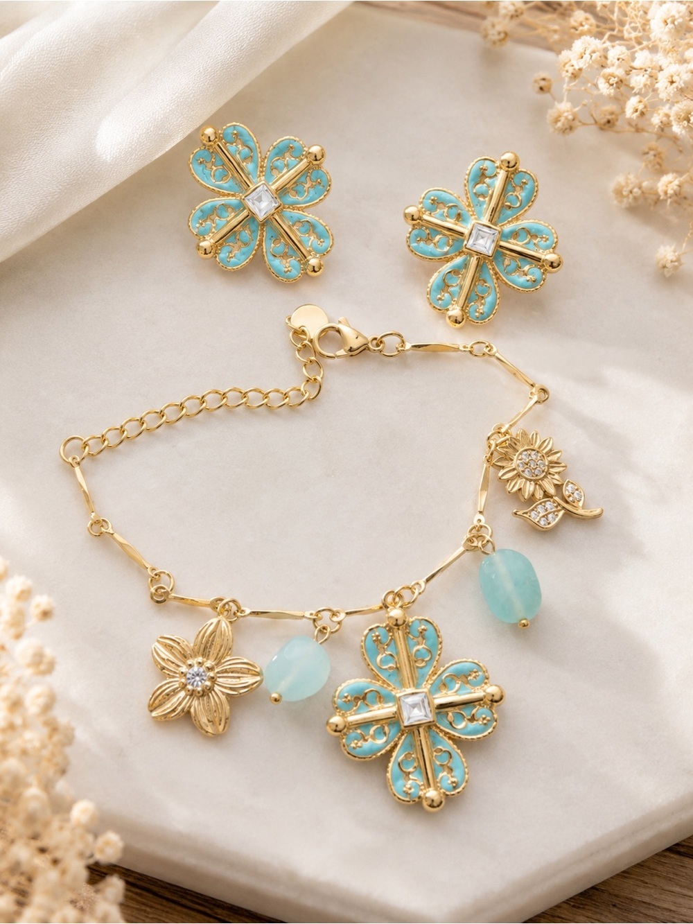 Turquoise Floral Charm Bracelet & Earrings Set – Gold Tone